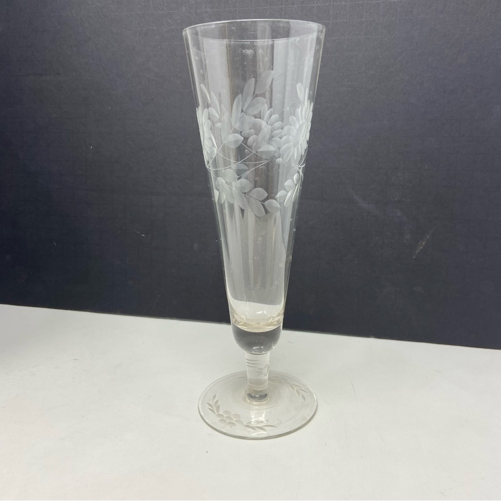 Vintage Mid Century Etched Champagne Glass Flute. Replacement. 9”